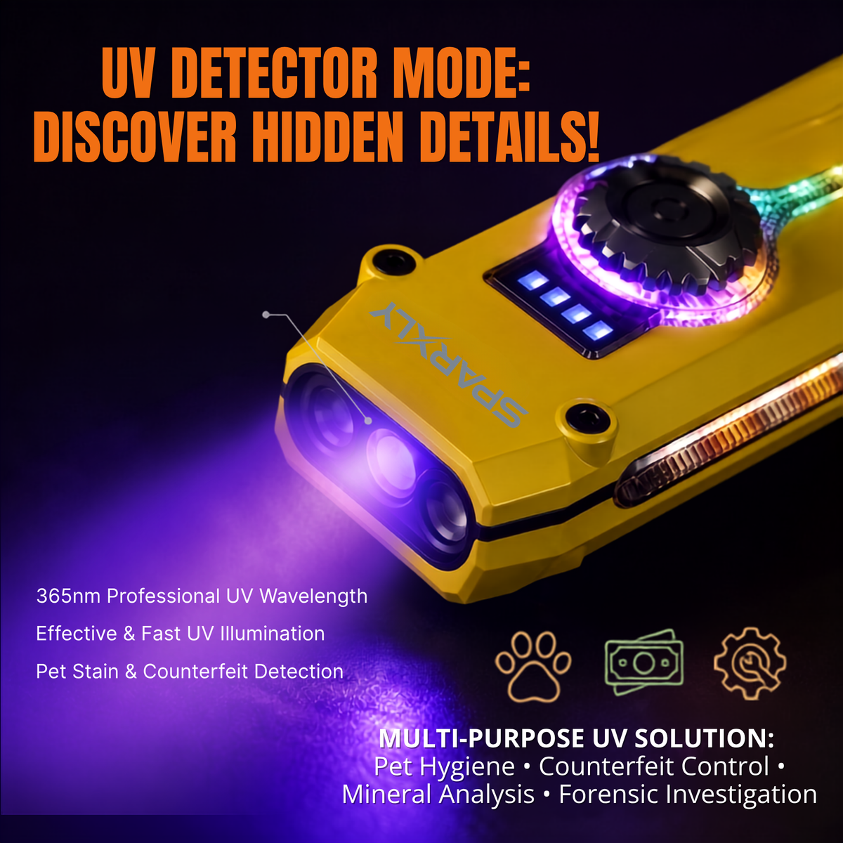 SPARXLY - Rechargeable Led Super Brıght Flashlıght, Uv Lıght & Red Laser, IPX4 Water Resistance